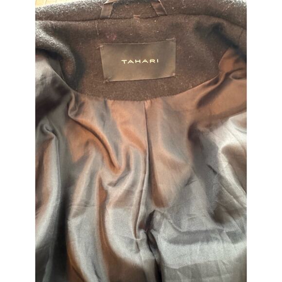 Tahari Italian Wool Long Coat, Double Breasted with Belt & Funnel Neck Military - Picture 7 of 8